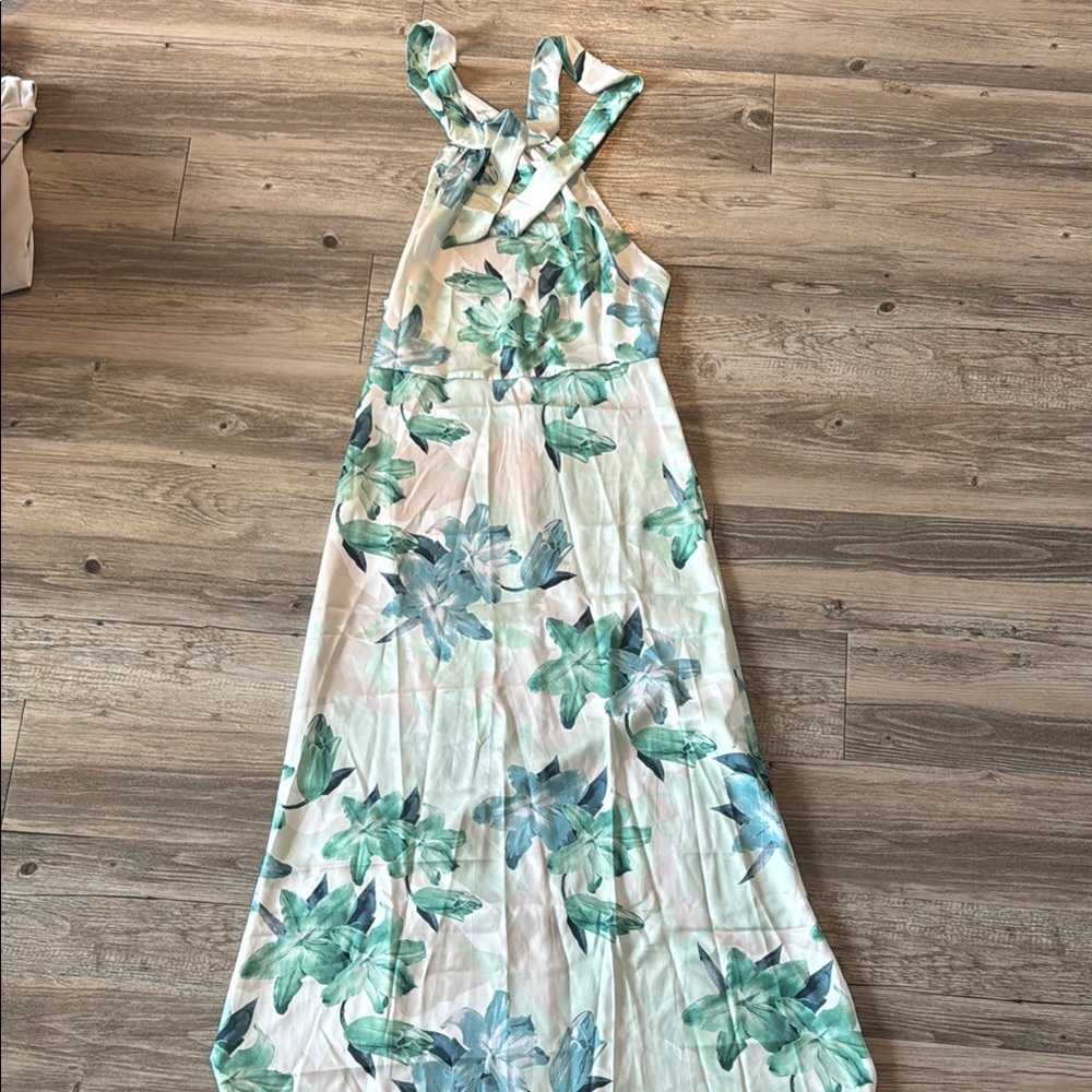 White and Green Halter Maxi Sundress